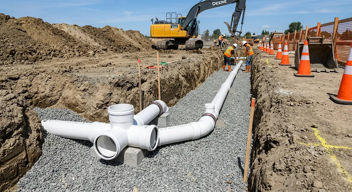 New PVC sewer pipe installation in open trench for Commercial Drain Cleaning in Farmington