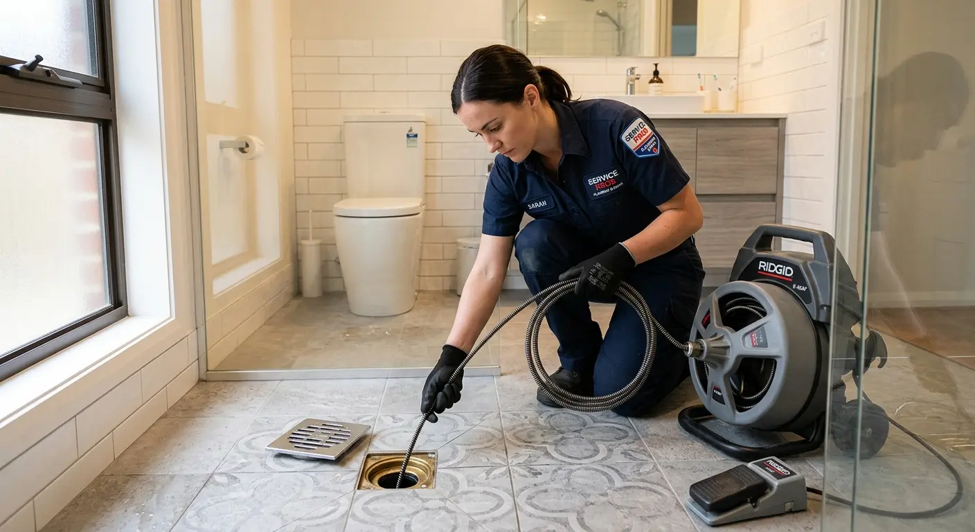 Technician clearing a bathroom floor drain for Hydro Jetting in Farmington